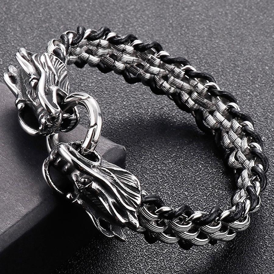 Gothic Double Dragon Head Bracelet for Men Braided Leather & Stainless Steel Link Chain Wristband Men's Bracelets Jewelry Gifts