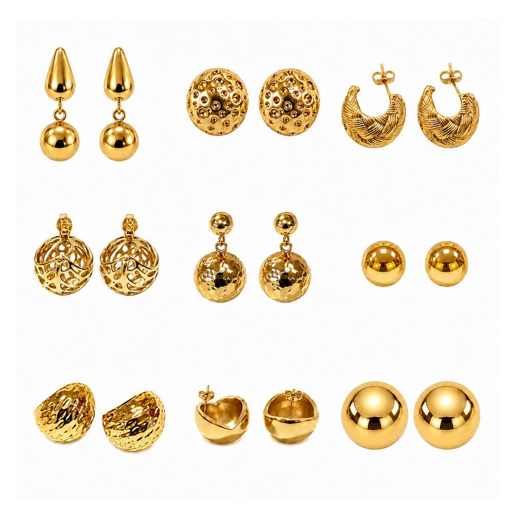 Gold Spherical Stud Earrings - Fashionable, High-End Stainless Steel Jewelry for a Chic Look