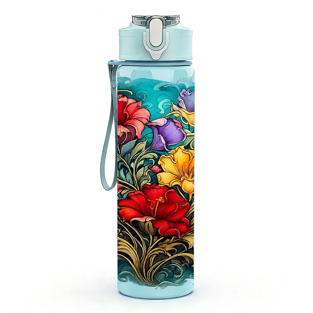 1PC Multi Color Wild Flower Print 750ml Color Plastic Sports Water Bottle Leakproof Flip Straw Lid Suitable for Sports Office Home Use