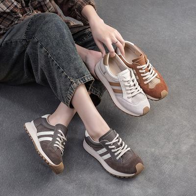 Zapatos casuales deportivos para mujer Malla transpirable con empalme de cuero genuino con cordones Zapatillas cómodas
