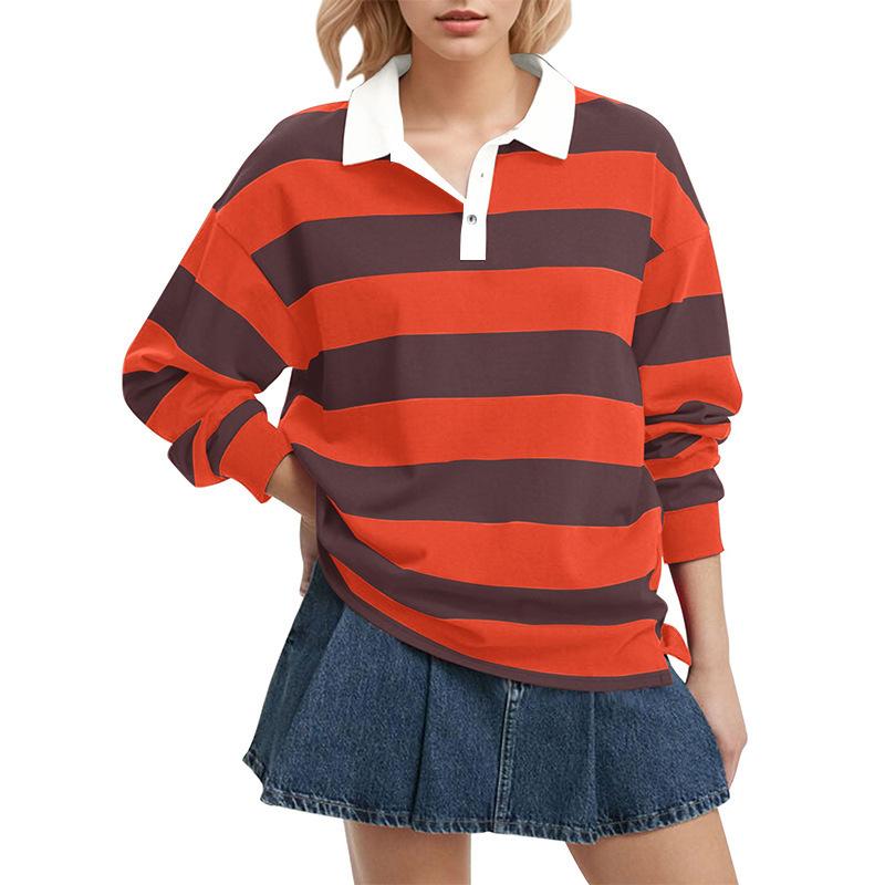 Red and Black Striped Long Sleeve Top with White Collar S