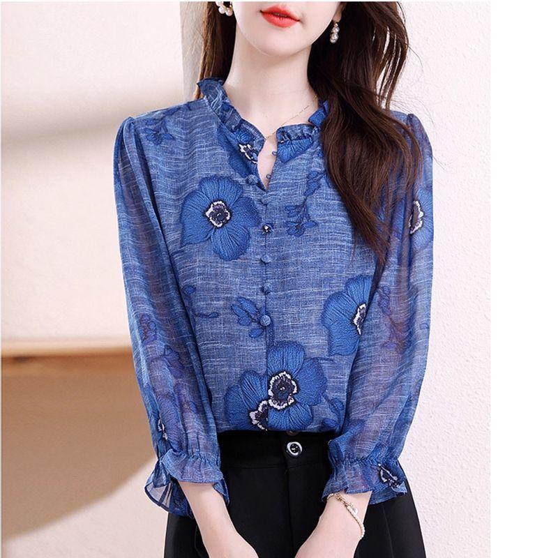Women S Printed Chiffon Blouse 9 10 Sleeve Loose Fit Casual Shirt