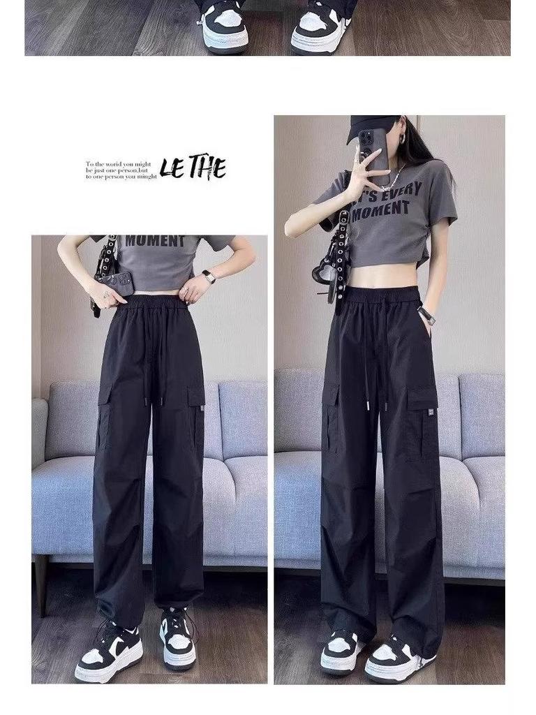 American Women's 2024 Summer Ice Silk Quick-Dry High-Waisted Cargo Pants - Breathable, Thin, Cuffed, Nine-Point Casual Trousers