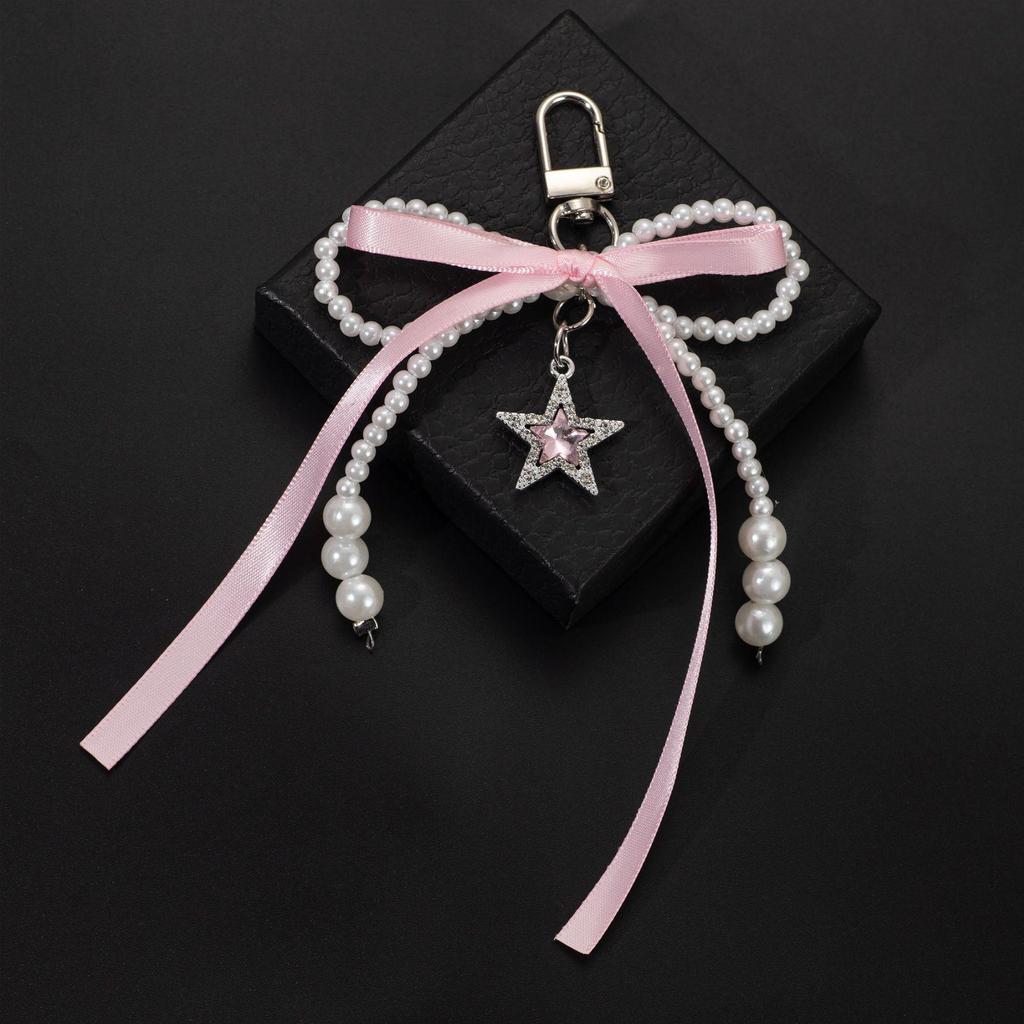 Korean Sweet Faux Pearl & Rhinestone Bow Keychain Charm