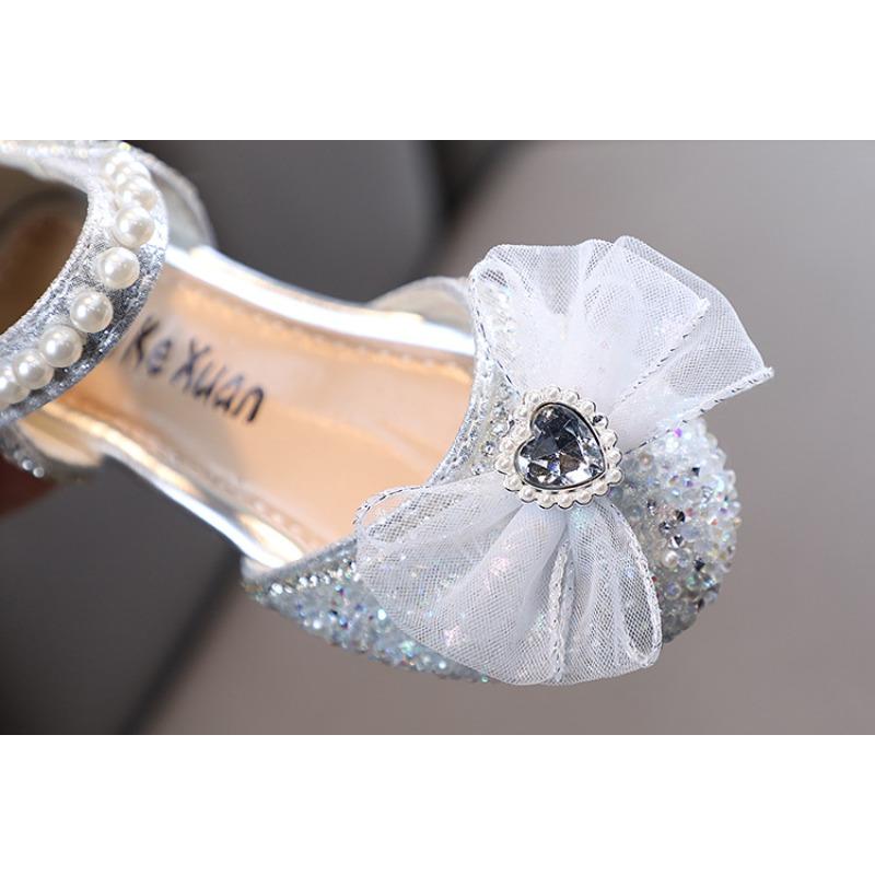 Nuovo stile primaverile fiocco con perle scarpe basse da principessa per bambina, scarpe in pelle, performance di danza