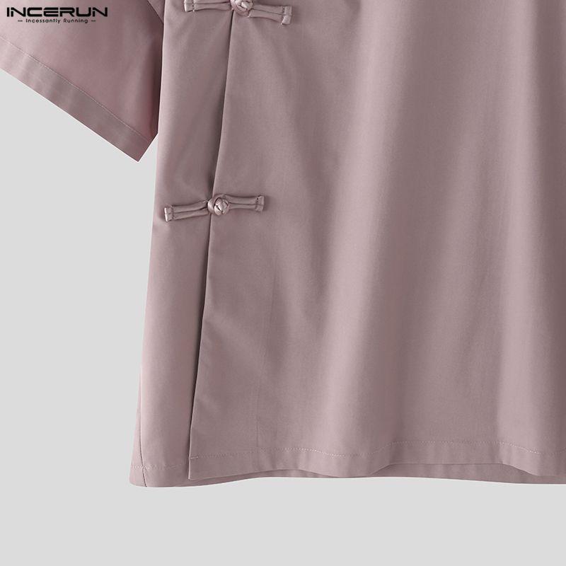 INCERUN Summer Men Stand Neck Short Sleeve Side Buttons Casual Vintage Shirts Tops