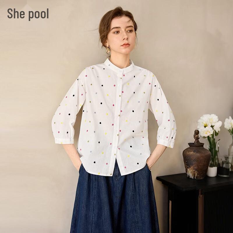 Women s Embroidered Polka Dot Stand Collar Blouse M