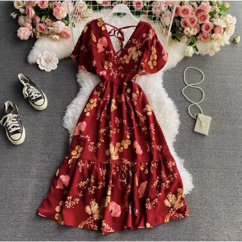 Summer French Platycodon Skirt Temperament V-Neck Waist Skinny Printed Over Knee Flared Sleeve Chiffon Floral Dress