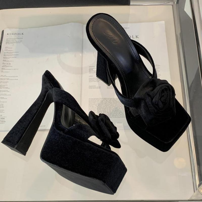 Fashion Chunky Platform Woman Slippers Velvet Rose Open Toe Wedding Banquet Sandals 13CM High Heels Slide Shoes Sandalias De Mujer