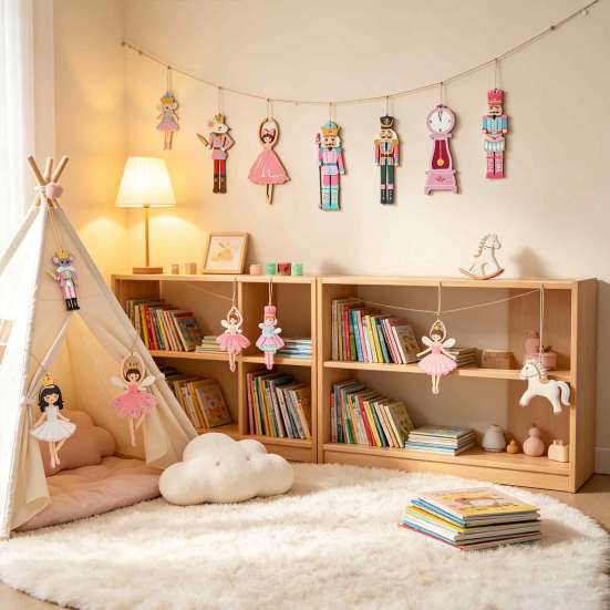 Handmade Christmas Tree Charms 10/20/30Pcs Nutcracker Wooden Ornaments, Pink Watercolor Hanging Decor with Cute Ornament Set for Kids Ballerina, Horse
