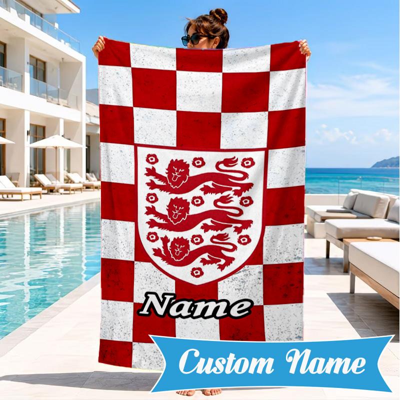 Custom Name Beach Towel England Heritage Crest Microfiber Beach Towel, Lightweight for Summer Travel, Swimming Pool Fan Birthday Gift