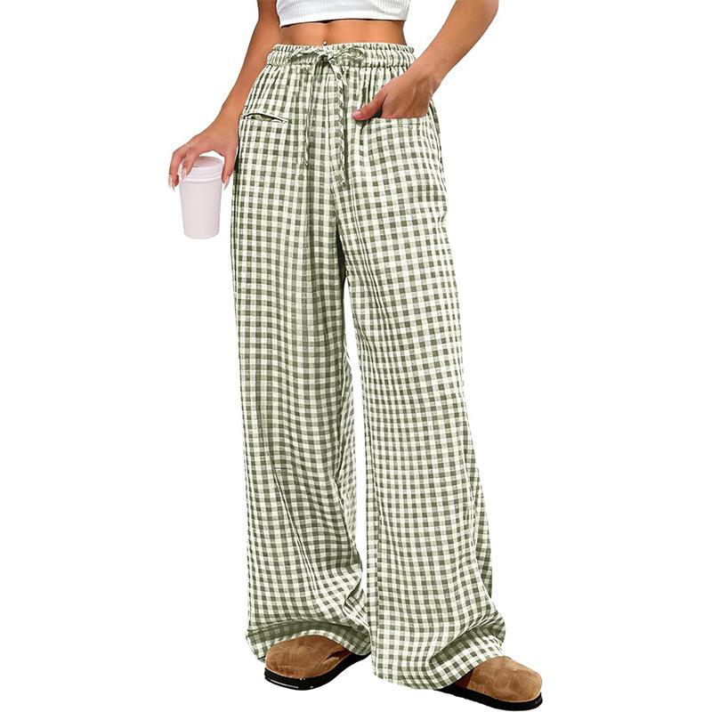 2026 Women's European & American Plaid Trousers - Spring/Summer Casual, Loose Fit, Elastic Waist, Wide Leg with Pockets