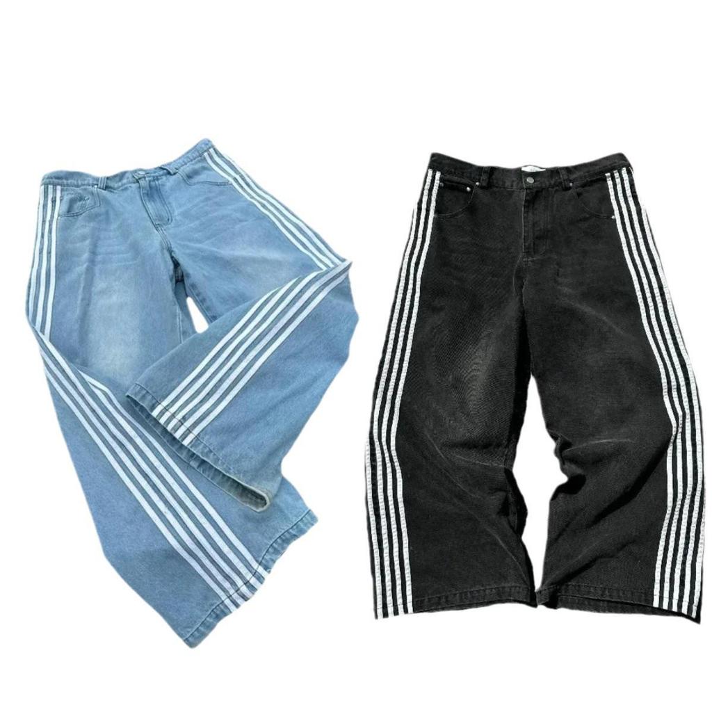 Retro American Harajuku Striped Wide-Leg Jeans: Casual, Loose-Fit Street Style