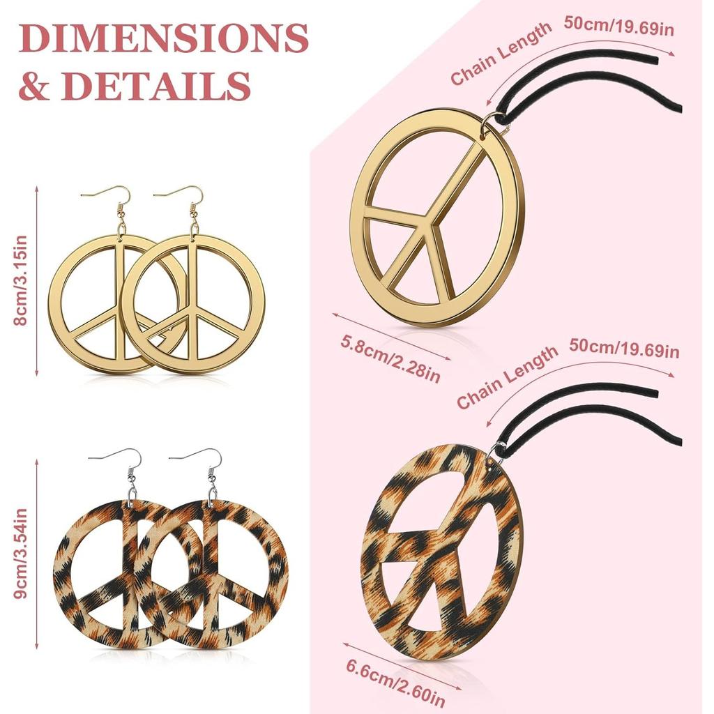 Tuanse 8 Teile Hippie Kostüm Set Boho 70er 80er Outfits für Damen Sonnenbrille Elastisches Stirnband Friedenszeichen Halskette Ohrringe