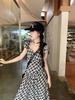 French Retro Plaid Puff Sleeve A-line Dress: Elegant Backless Square Neck Summer Style