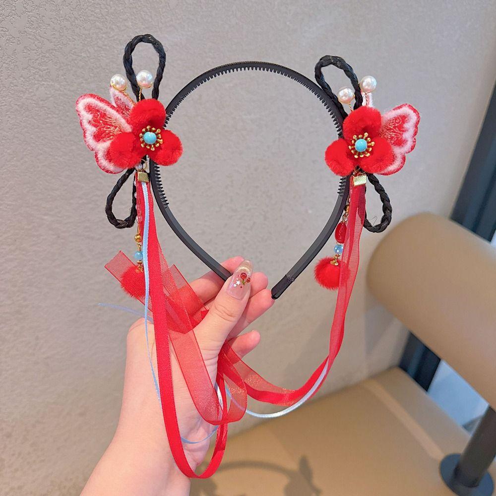 Tassel Chinese New Year Headwear Butterfly Ancient Style Red Hairband Children Wig Headband Daily