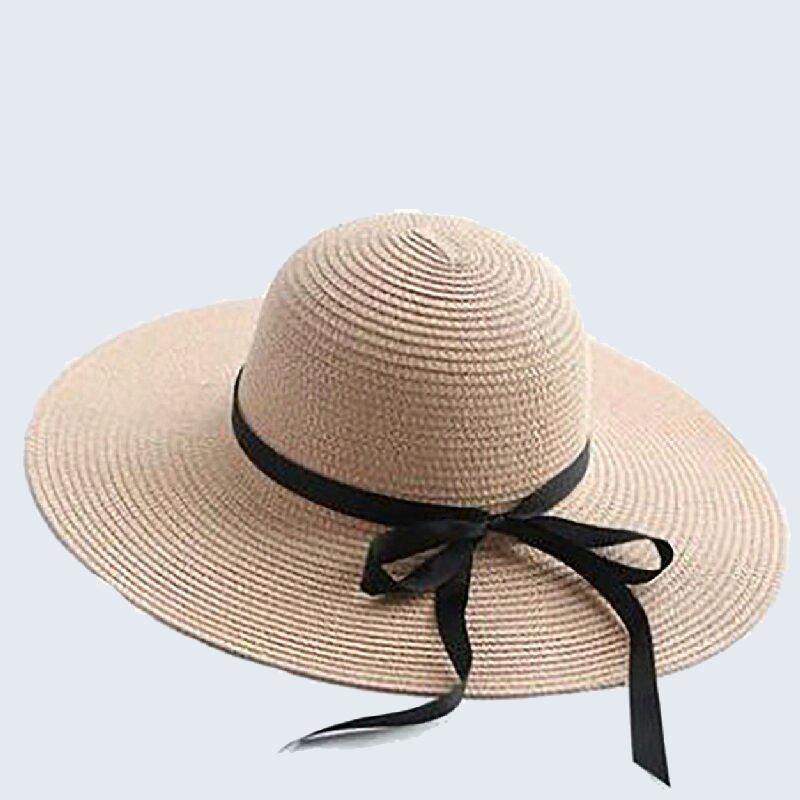 Large Eave Straw Hat for Woman Black Bow Tie Edge Sunscreen Foldable Beach Hat Outdoor Seaside Vacation Fashionable and Elegent