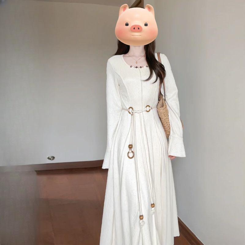 French Square Neck Long Sleeve Dress for Women Spring/Autumn Style Waist-Cinching Flared Long Sleeve Textured Maxi Dress Ethnic Style Skirt