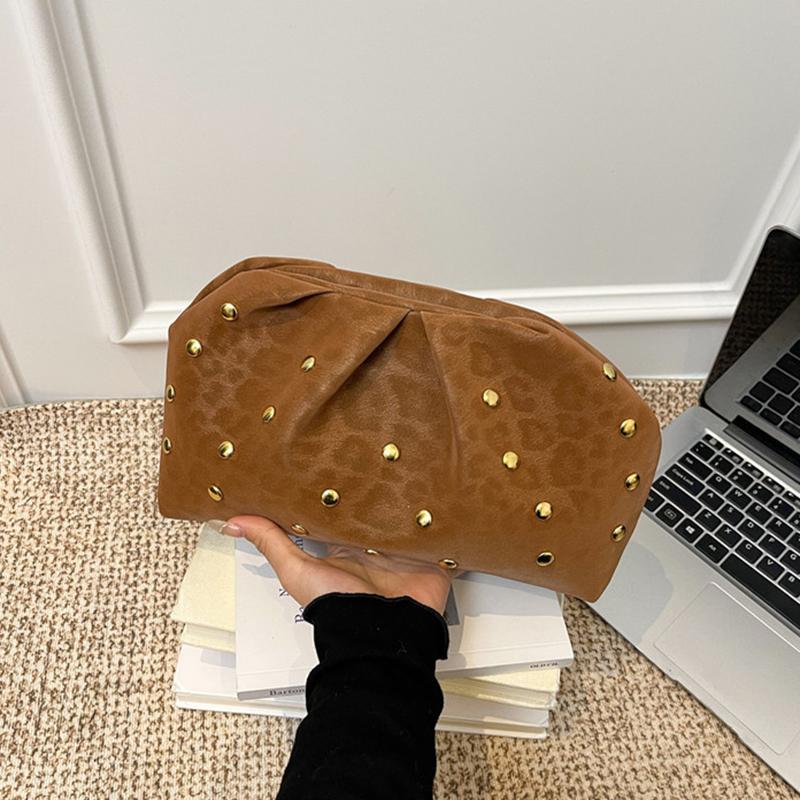 Trend Studded Women's Luxury Clutch Leopard Print Magnetic Clasp Clip Bag Designer High-end Cloud Bag Dinner Lipstick Coin Purse