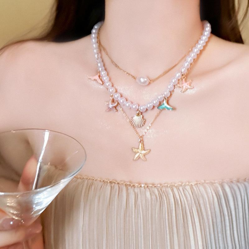 Starfish & Pearl Multi-Layer Necklace: Island Resort Clavicle Chain Jewelry