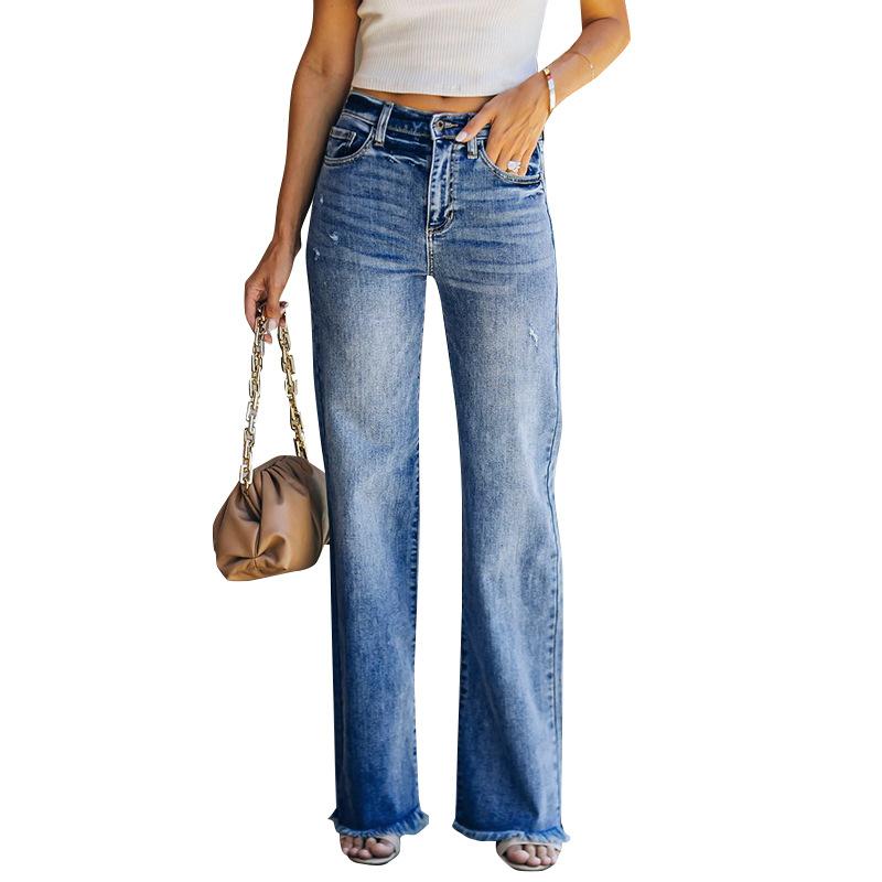 Spring, Autumn and Summer Women's Jeans Broken Wide-legged Pant Fashion Temperament Micro-large Trousers Trend