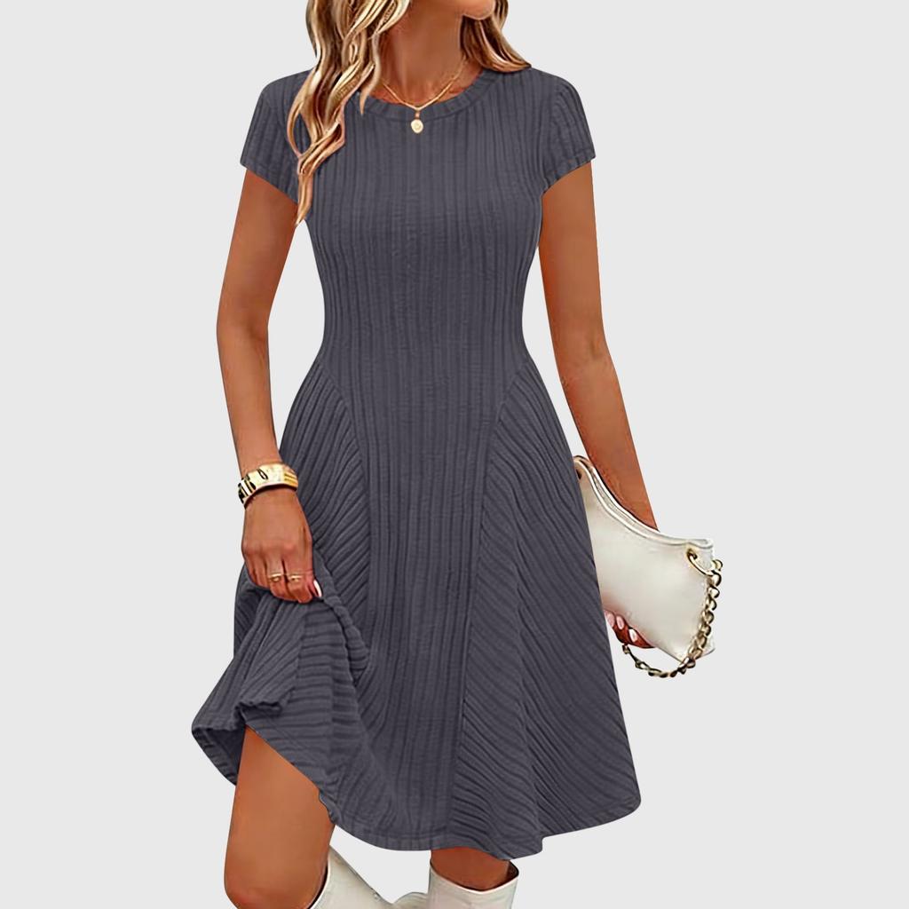 Women's Ribbed Knit Short Sleeve Round Neck Midi Dress Casual Swing Fit a Line Sundress