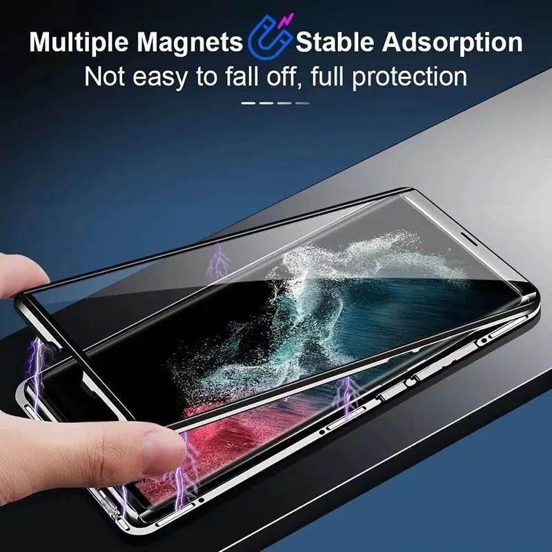 Custodia per telefono in metallo a 360° con vetro su entrambi i lati e chiusura a scatto per Samsung Galaxy S24 S23 S22 S21 Ultra Plus S23 FE Cover protettiva per obiettivo
