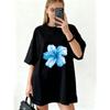 Oversized T Shirt Dress Black Blue Hibiscus Flower Print Casual Summer Wear