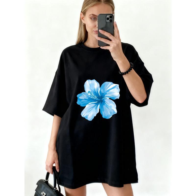 Oversized T Shirt Dress Black Blue Hibiscus Flower Print Casual Summer Wear