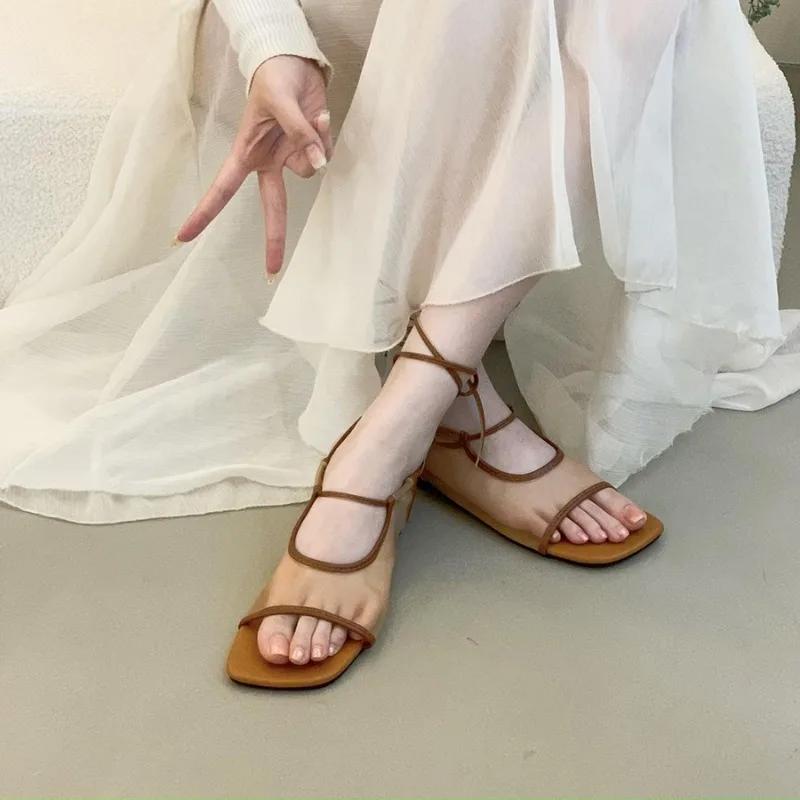 Fashion Summer New Square Toe Open Toe Lace-Up Slippers Fashion Shallow Mouth Roman Breathable Mesh Flat Sandals Women