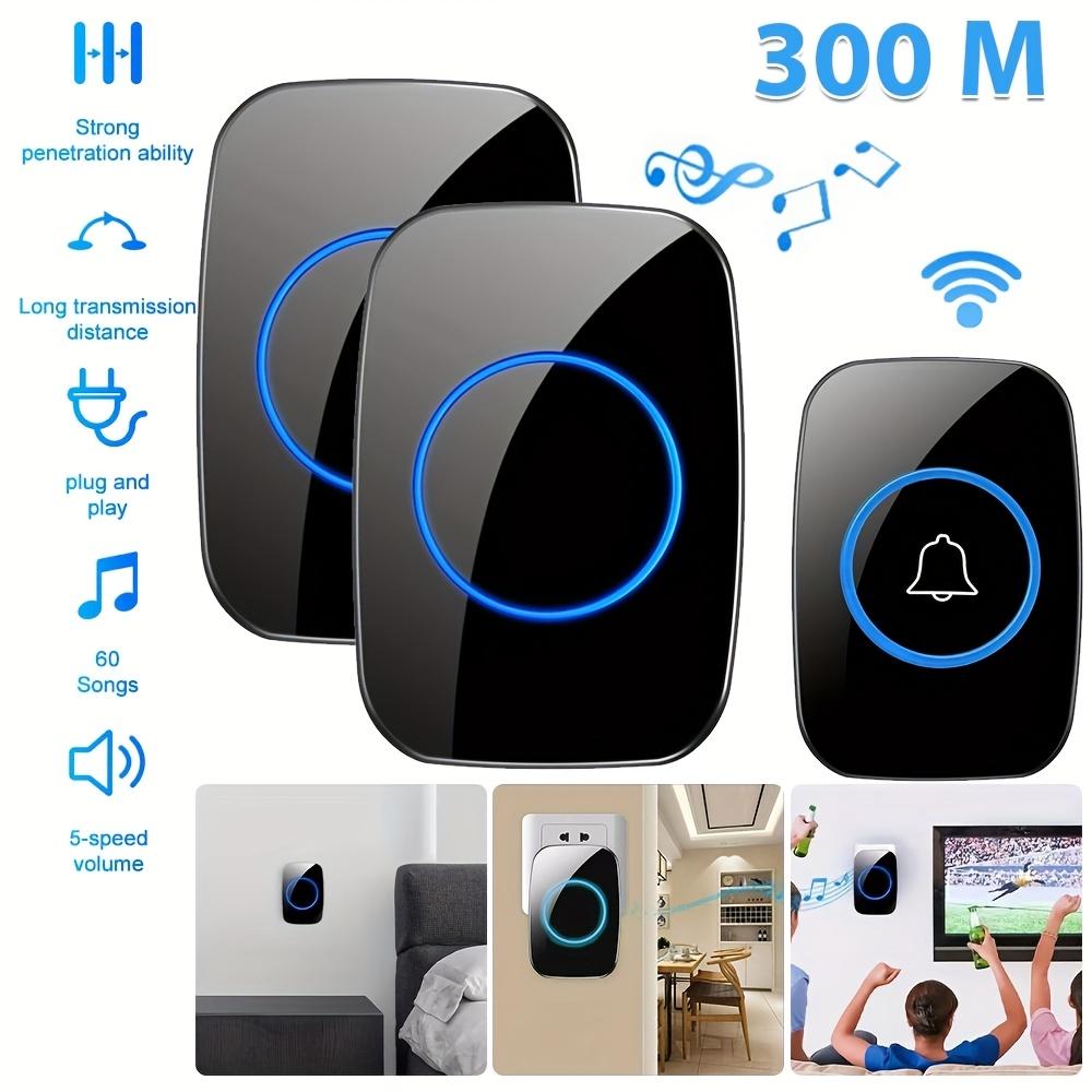 Trådlös dörrklocka med 1 knapp och 2 mottagare, med 300 meters effektiv räckvidd, plug-in dörrklocka, LED-indikator, 5-stegs volymjustering, 60 ringsignaler.