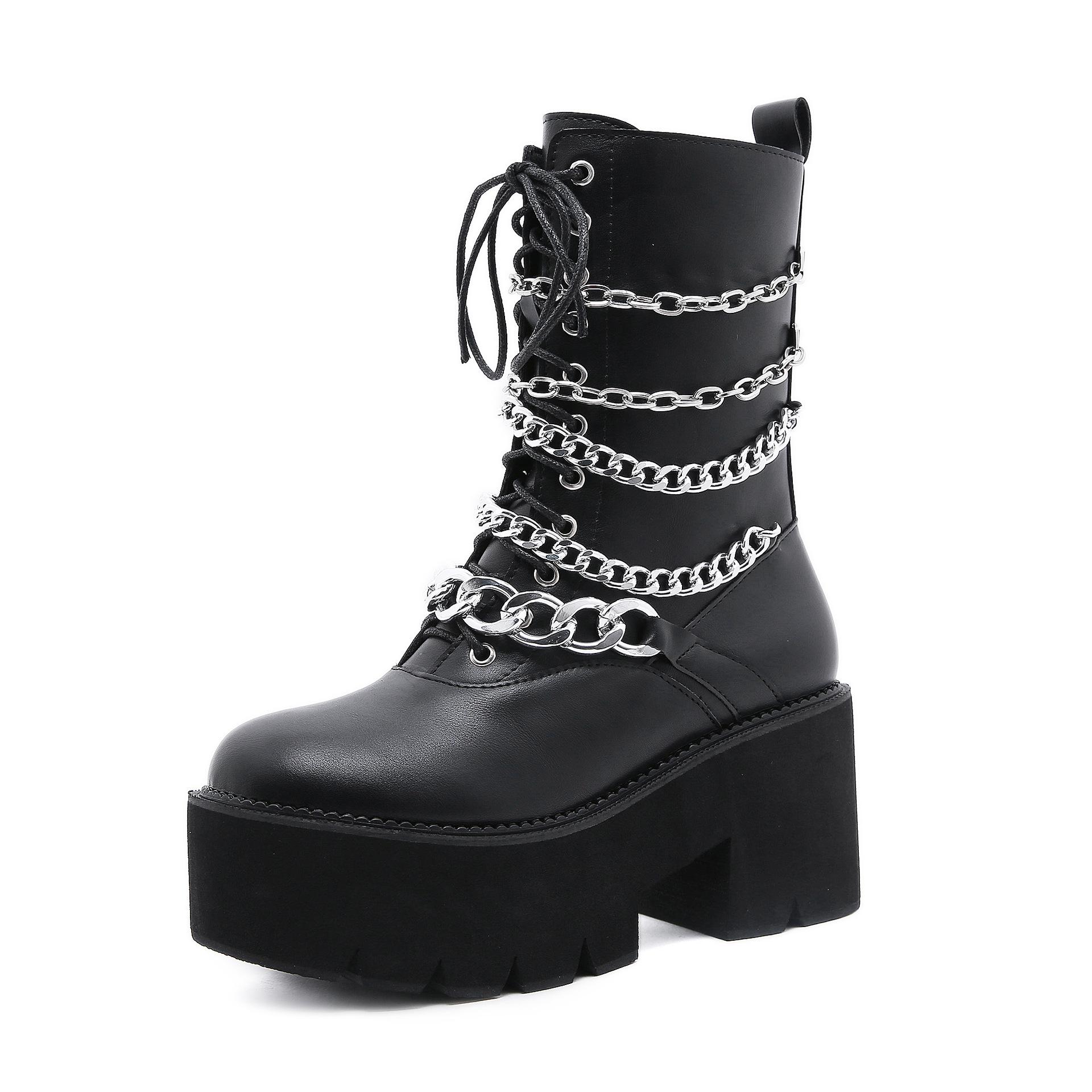 

Front Lace-Up Tide Street Metal Element High Heel Thick Bottom Side Zipper Nightclub Round Head Chain Martin Boots 43 чёрный