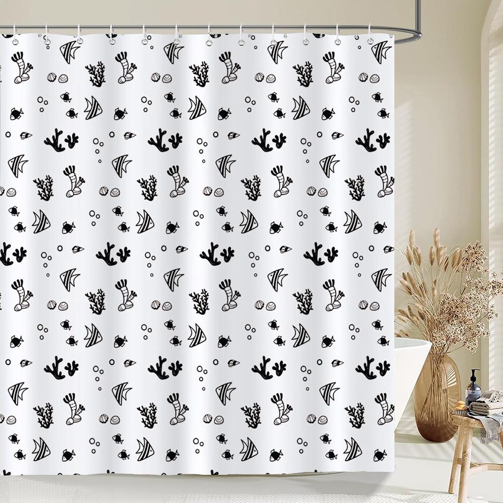 Black and White Simple Cartoon Shower Curtain Washable Polyester Bathroom Curtains Decor Bathtub Partition Curtain With Hooks