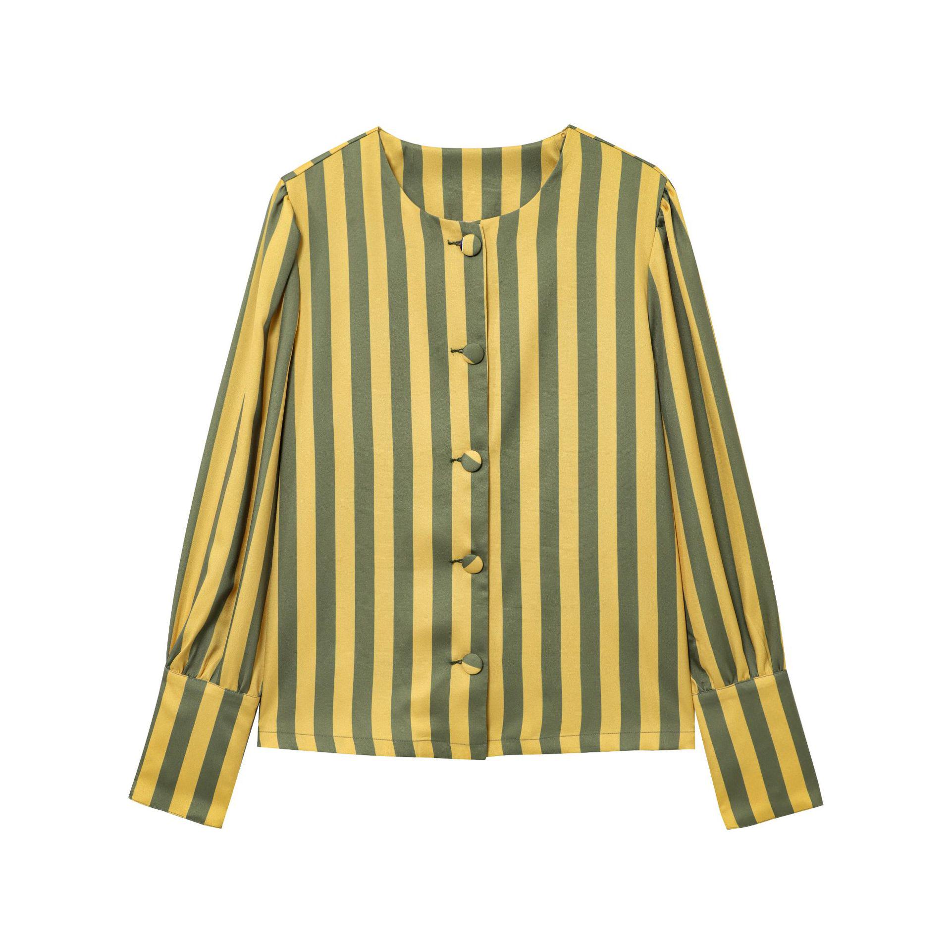 European and American Women s Fashion 2025 Spring Striped Puff Sleeve Casual Shirt Top Medium жёлтый