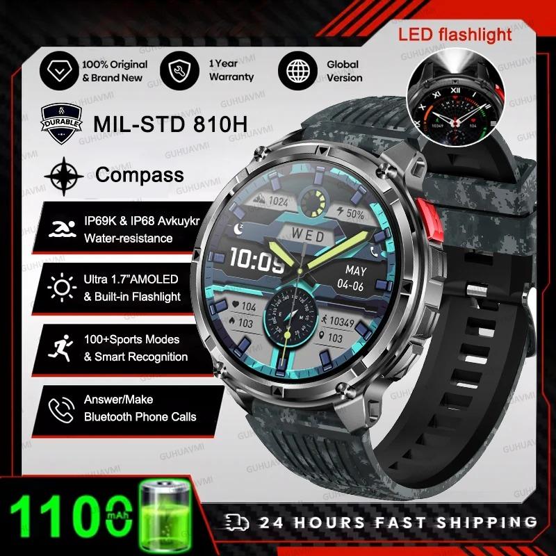 2026 New 1100mAh Battery Outdoor Ultra Durable Men Smartwatch Flashlight Heart Rate Bluetooth Call 5ATM Waterproof Sports Smart Watch