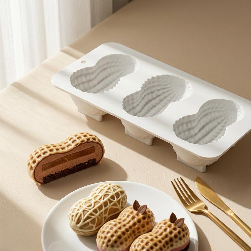 Molde de Silicona para Chocolate Diseño Cacahuete 3 Cavidades Grado Alimenticio Utensilios de Cocina Postre Repostería Molde para Pastel Mousse Francés Herramientas de Pastelería