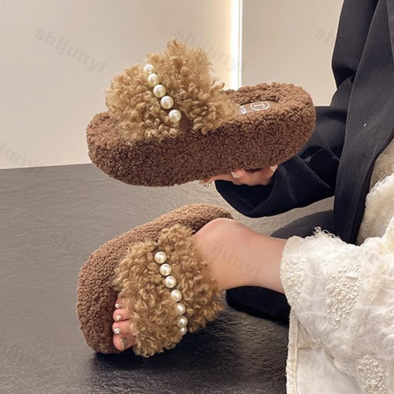Women Platform Plush Shoes Winter Fashion Height Increase Luxury Cotton Slippers Warm Comfort Non Slip Indoor One Word Slippers