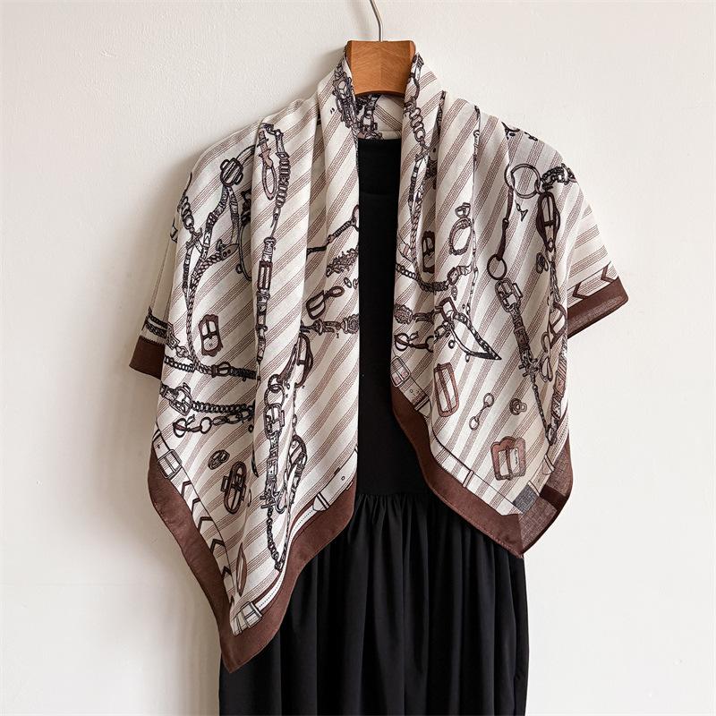 Light Luxury Retro Large Square Scarf Cotton and Linen Feeling Simulation Silk Versatile Herringbone Velvet Shawl Scarf Printed Headscarf Scarf