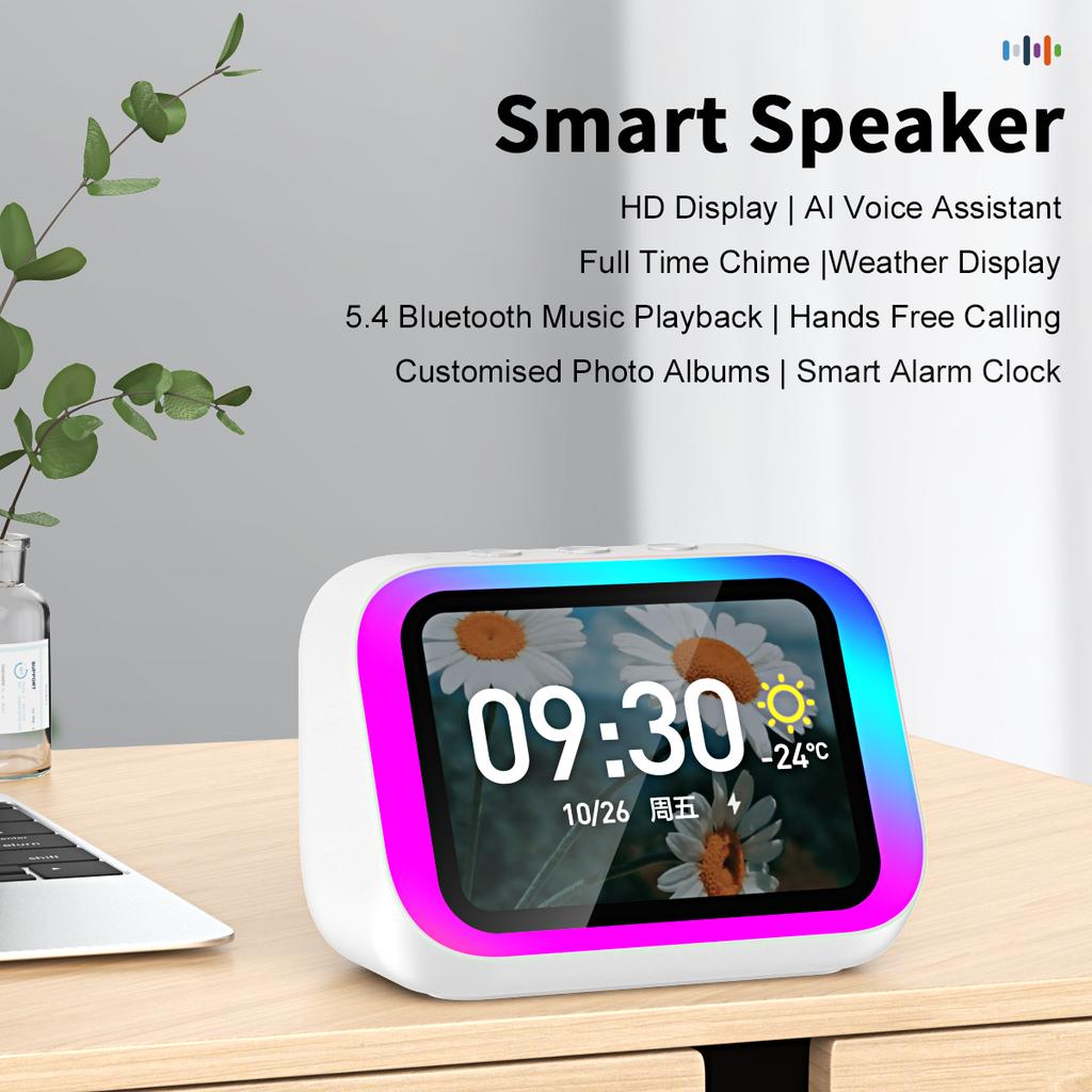 AI Smart Speaker with Bluetooth Call Voice Assistant Alarm Clock Weather Display Night Light Music Story Player For Perfect Gift