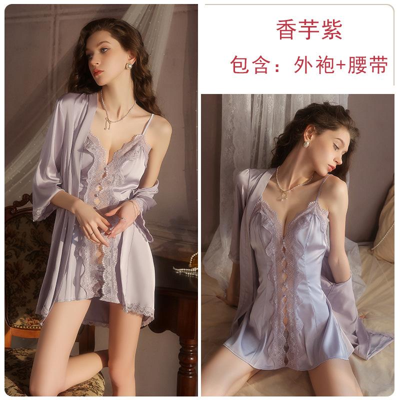 Underwear Passion Seduction Smooth Satin Lace Pure Desire Deep V Low Chest Nightdress Robe Home Suit