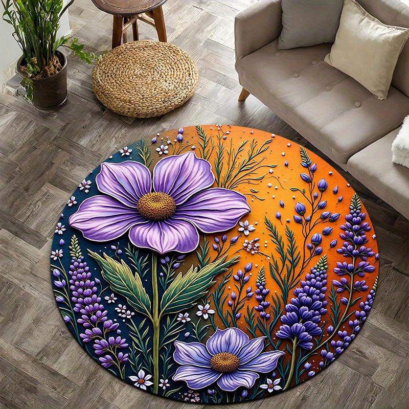 

Retro Lavender Style Flannel-printed round floor mats are slip-resistant Suitable for living room bedroom terrace garden carpets 60cm