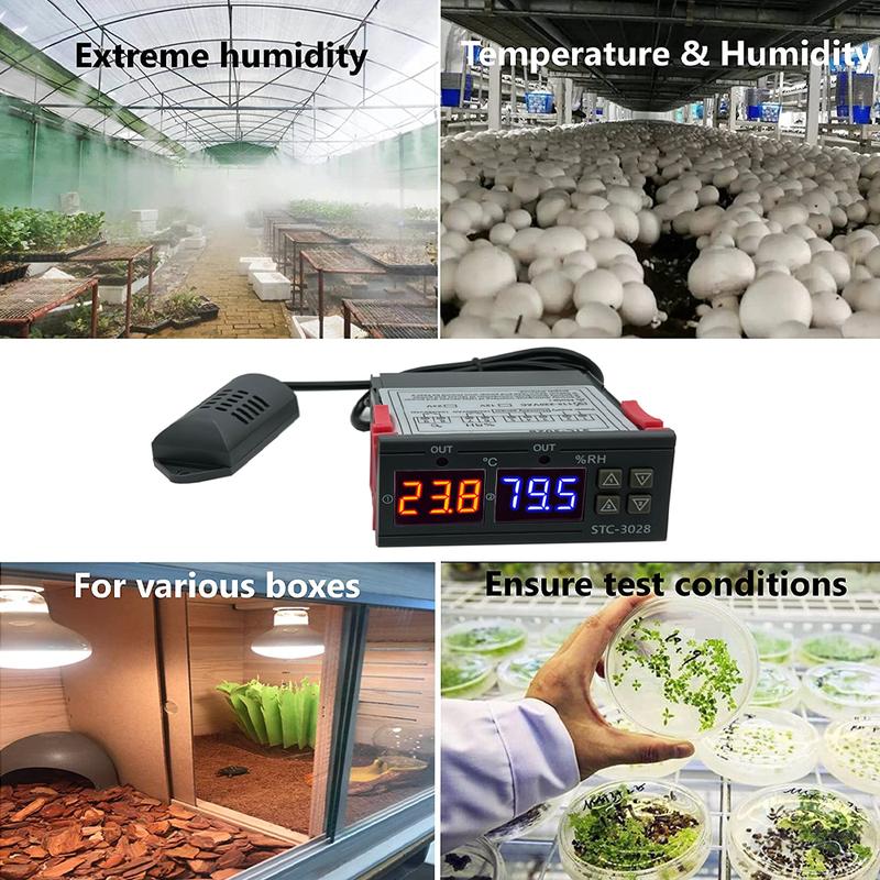 STC-3028 Dual Digital Thermostat Temperature Humidity Control Thermometer Hygrometer Incubator Controller AC 220V DC 12V 24V