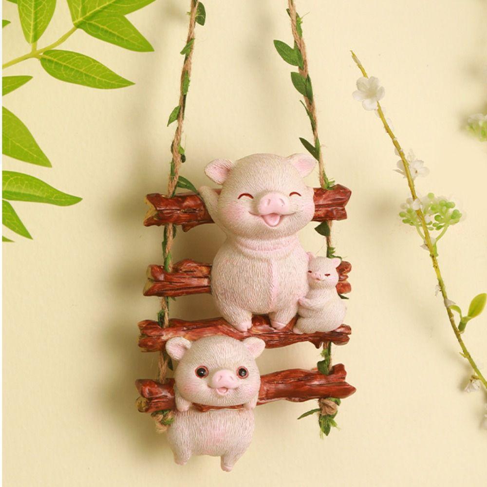 Cute Pig Statue Pendant Cartoon Miniatures Figurine Crafts Cat Climbing Vine Pendant  Outdoor