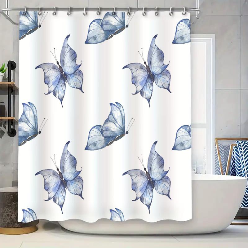 

Beautiful Blue Butterfly Shower Curtain Waterproof Bath Decor For Home Bathroom Decoration White Background With Black Trim W60H190(CM)-1 Pcs