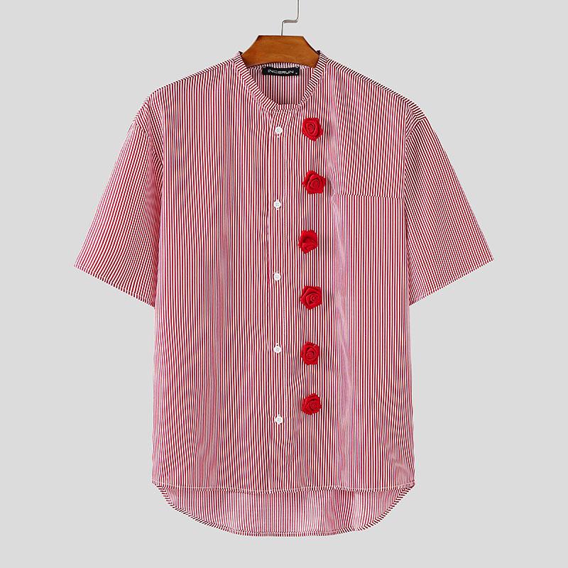 

INCERUN Summer Men Collarless Short Sleeve Striped Floral Casual Irregular Shirts 3XL