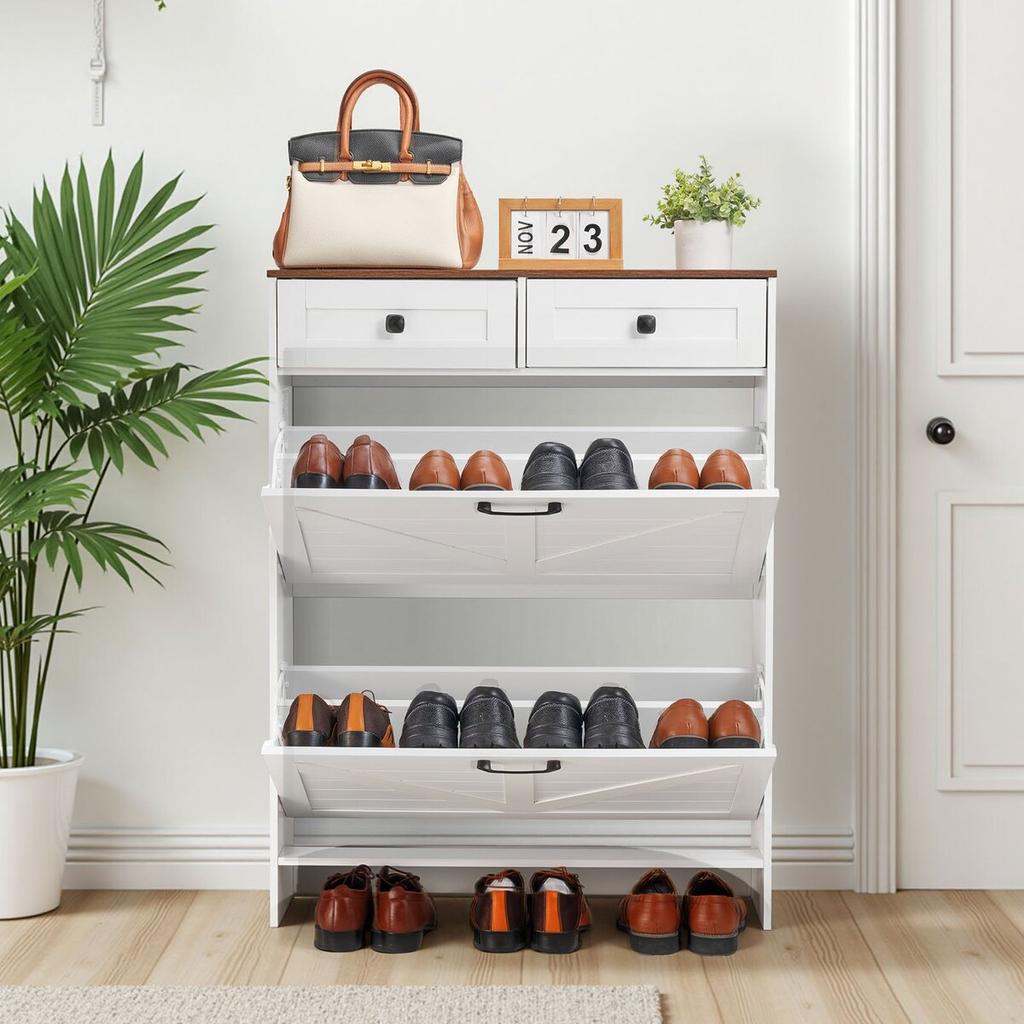 Shoe Cabinet with 2 Flip Drawers, Farmhouse Shoes Storage Cabinet with 2 Drawers and Anti-Tipping Device, Freestanding Shoe Organizer Ideal for