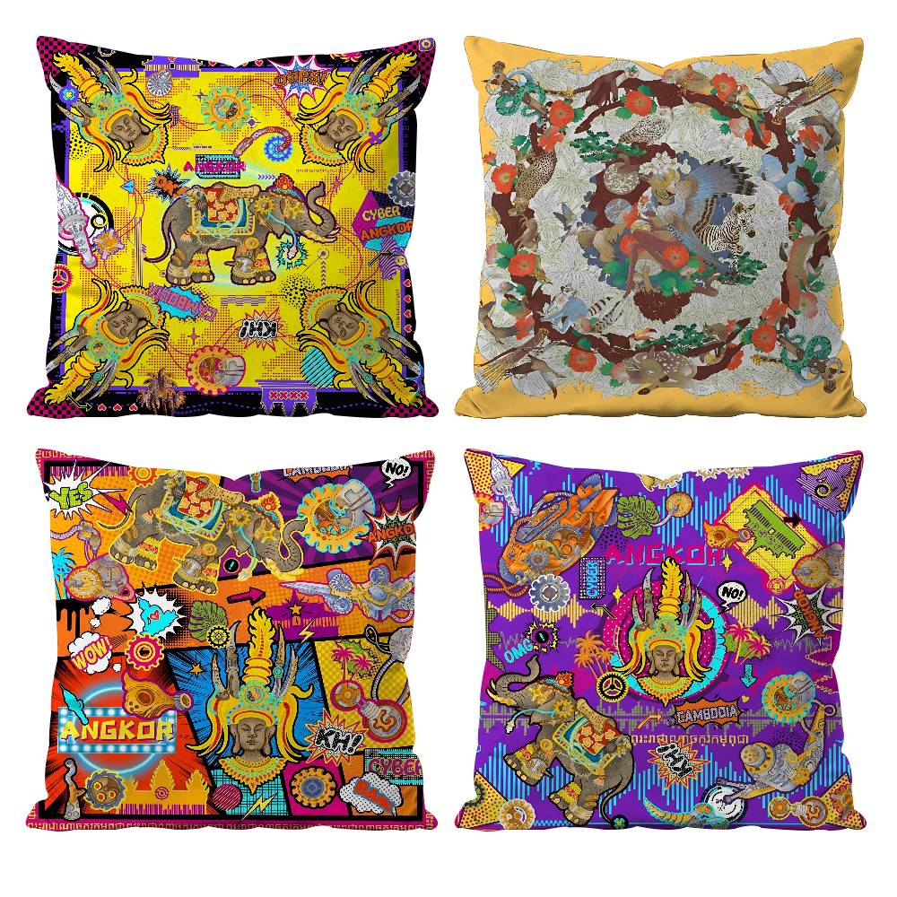 Cambodian Buddha Image Printing Pillow Case Anti-dustmite Pillowcase Invisible Zipper Silky Short Plush Sofa Cushion Cover