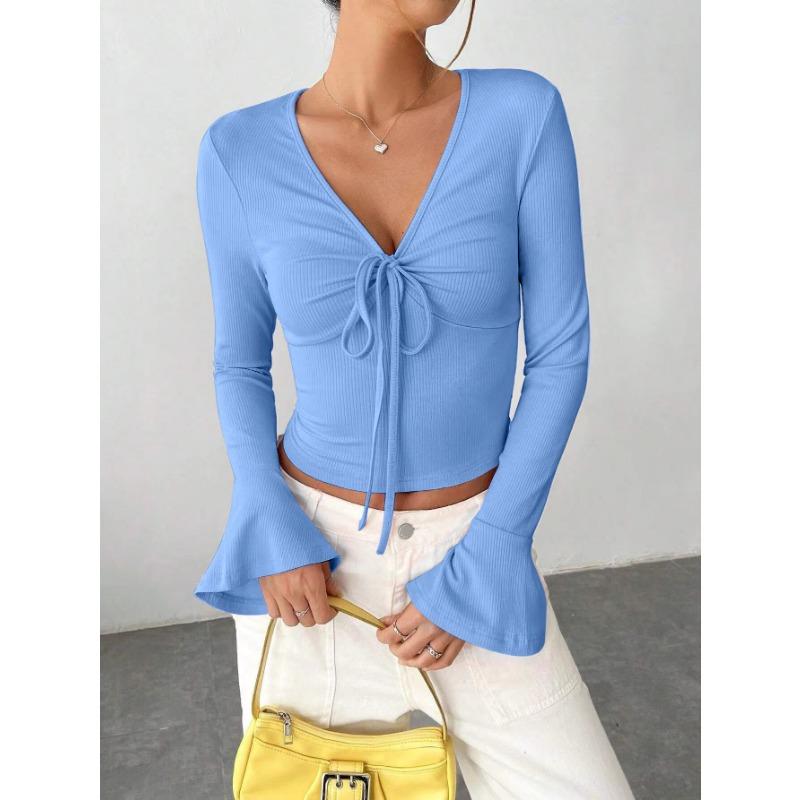 Women S Long Sleeve V Neck Flared Cuff Pullover T Shirt