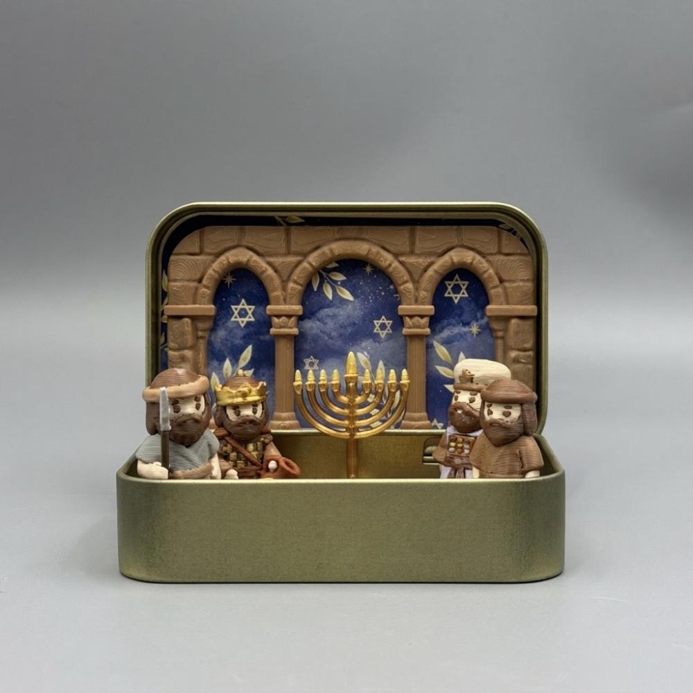 Hand Painted Nativity Manger Scene Kit Metal Tin Box Christmas Figurines Bedside Table