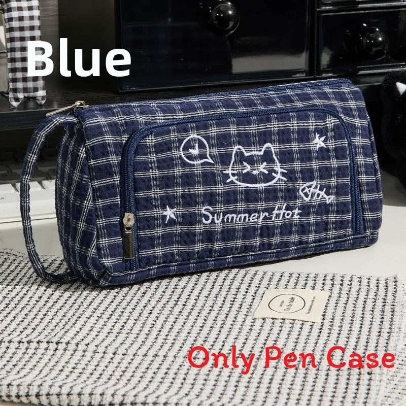 Canvas Cat Pattern Embroidered Large Capacity Pen Case With Stylish Design For Students And Office Use